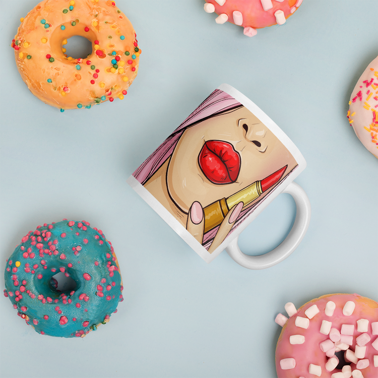 Two Girls with Lipsticks Design - Ceramic Coffee Mug - Tea Cup - Pop art style