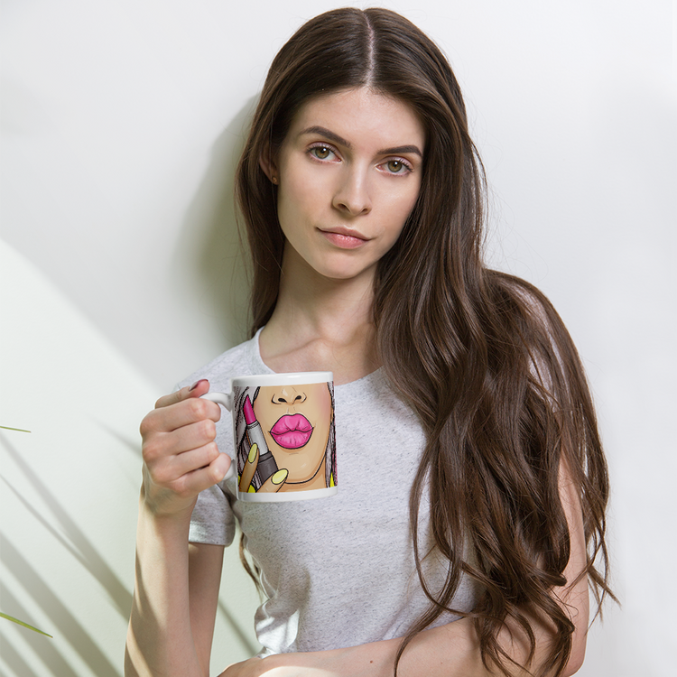 Two Girls with Lipsticks Design - Ceramic Coffee Mug - Tea Cup - Pop art style