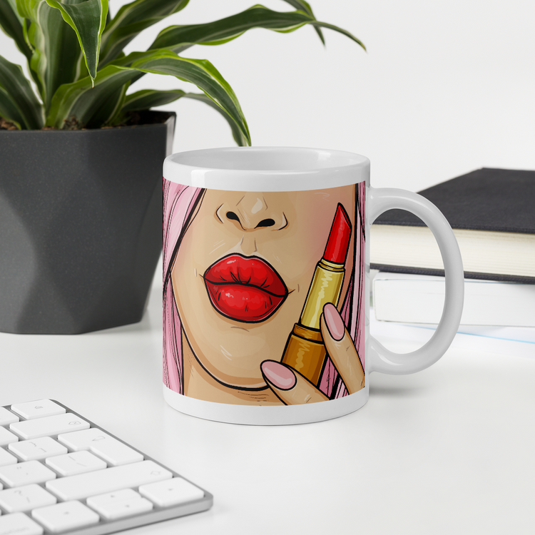 Two Girls with Lipsticks Design - Ceramic Coffee Mug - Tea Cup - Pop art style