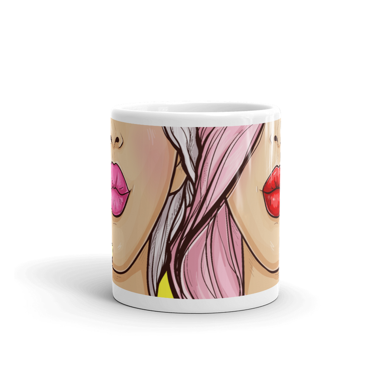 Two Girls with Lipsticks Design - Ceramic Coffee Mug - Tea Cup - Pop art style