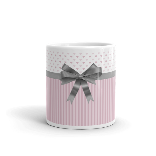 Stripes, Hearts and Bow Design - Coffee Mug - Tea Cup - Blush Pink and Grey